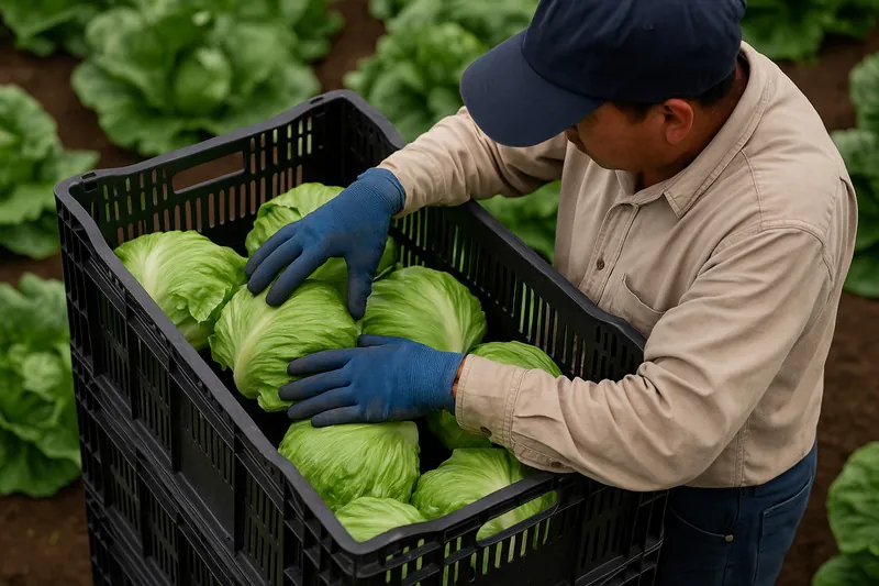 A farm worker packing heads of lettuce into a crate, ensuring uniform alignment for optimal vacuum cooling.