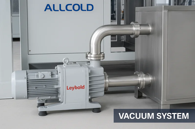 An image showing the ALLCOLD vacuum system assembly. The Leybold pump is centrally featured, connected to the chamber by large, clean-looking stainless steel pipes with minimal bends.