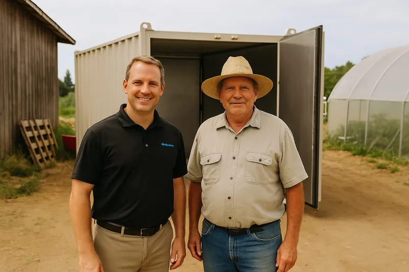 A picture of a local sales agent in a branded polo shirt standing with a farmer in front of a modest, standard vacuum cooler on a small farm.