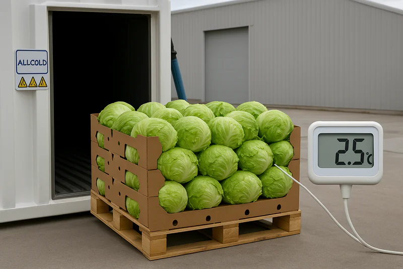 A perfect pallet of crisp, green iceberg lettuce being removed from an ALLCOLD vacuum cooler, with a temperature probe showing 2.5°C.