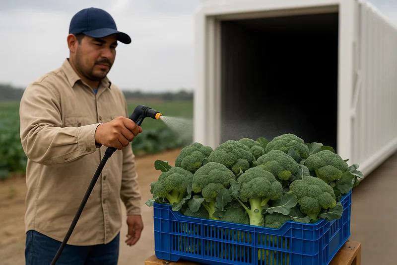 A farm worker lightly spraying a pallet of freshly harvested broccoli with a fine mist of water before it enters the vacuum cooler.