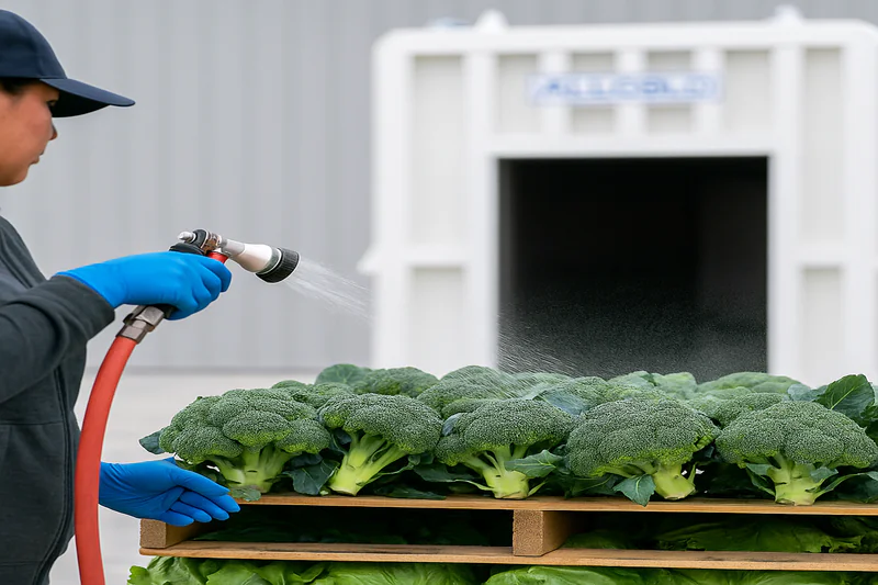 A worker using a fine spray to pre-wet a pallet of freshly harvested broccoli before it is loaded into the vacuum cooler.