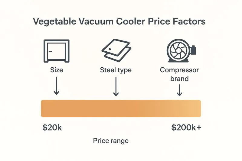 An infographic showing a price range bar from $20k to $200k+, with icons for different factors like size, steel type, and compressor brand pointing to different points on the bar.