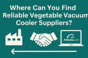 Infographic titled ‘Where Can You Find Reliable Vegetable Vacuum Cooler Suppliers?’ showing three sourcing channels on a world map: factory icon over China labeled ‘Direct from Manufacturer,’ handshake icon over local region labeled ‘Local Dealer,’ and laptop icon with Alibaba logo labeled ‘B2B Platforms.’ Minimalistic layout with orange and gray highlights.