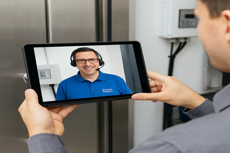 An image of a friendly service engineer on a video call, guiding a customer on-site with a tablet, demonstrating remote support.