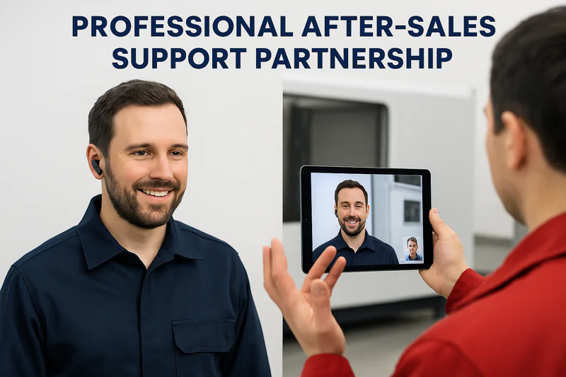 An image of a friendly service engineer on a video call, talking to a customer on a tablet in front of their machine, demonstrating professional remote support.