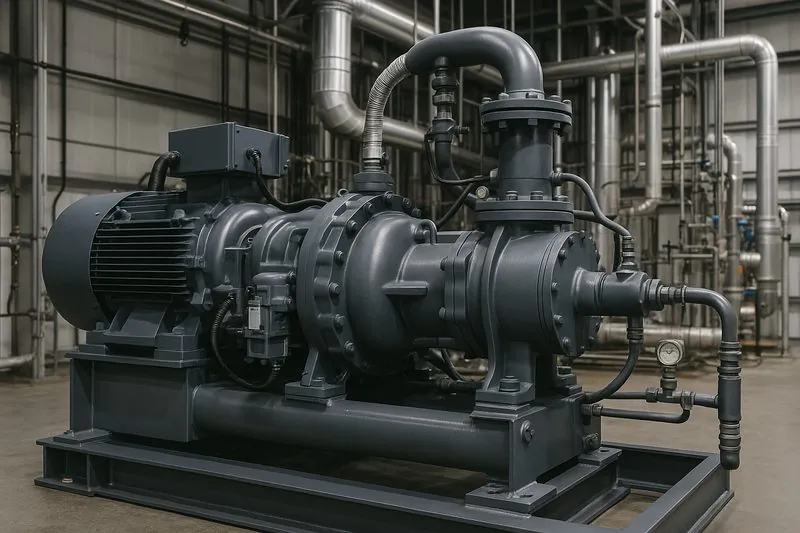 A shot of a large, complex industrial screw compressor, looking very powerful and technical.