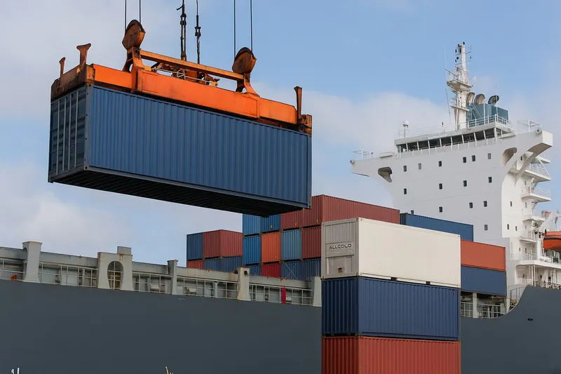 An image of a shipping container being loaded onto a cargo ship, with the ALLCOLD logo subtly visible on a crate.
