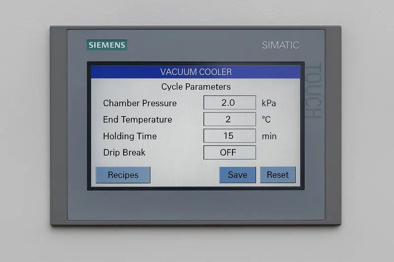 A close-up of a modern Siemens PLC touch screen on a vacuum cooler, showing customizable cycle parameters.