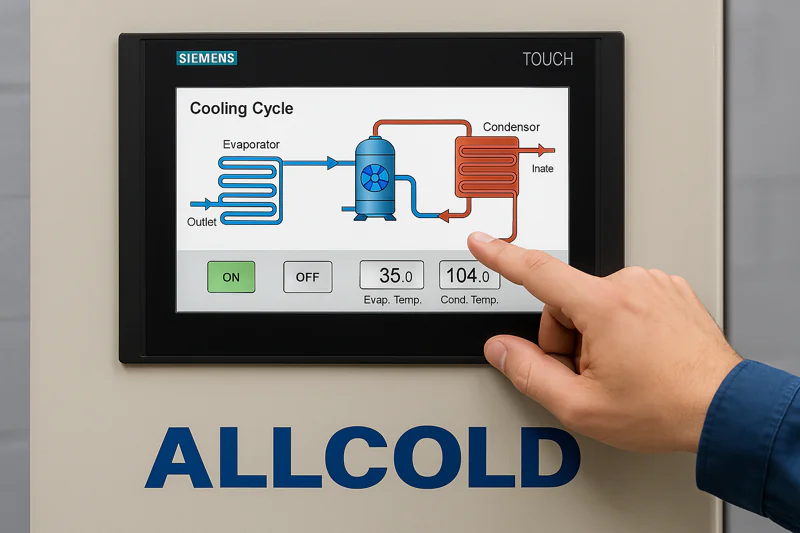 An operator's hand interacting with a bright, user-friendly Siemens touch screen on an ALLCOLD machine. The screen shows a clear graphical display of the cooling cycle.