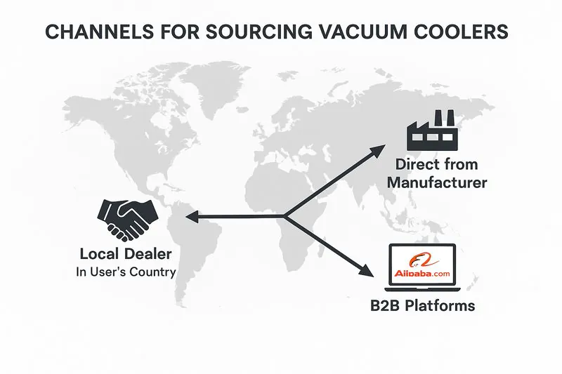 A world map graphic with three main sourcing channels highlighted: a factory icon over China labeled 'Direct from Manufacturer,' a handshake icon over the user's country labeled 'Local Dealer,' and a laptop icon with the Alibaba logo labeled 'B2B Platforms.'