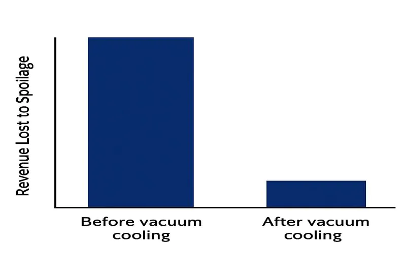 A simple bar chart showing 'Revenue Lost to Spoilage' before vacuum cooling vs. after, with the 'after' bar being significantly smaller.