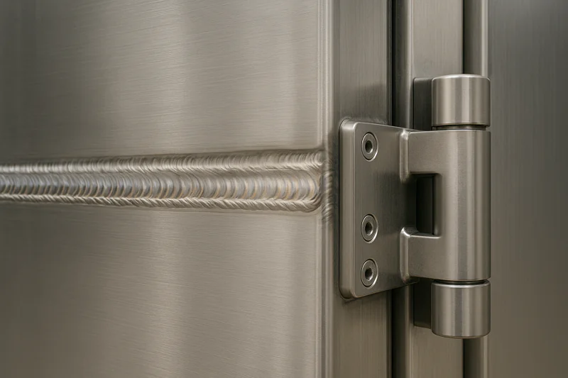 A shot showing the thick, reinforced wall of a stainless steel vacuum chamber, focusing on the quality of the welds and the heavy-duty door hinge.