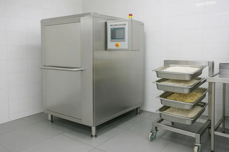 A gleaming, sanitary stainless steel vacuum cooler in a modern central kitchen, with trays of cooked rice or pasta nearby.