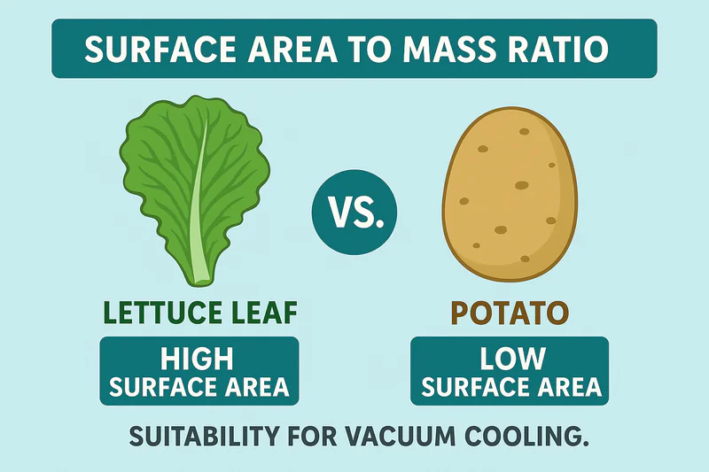 An infographic comparing the high surface area of a lettuce leaf to the low surface area of a potato, illustrating suitability for vacuum cooling.