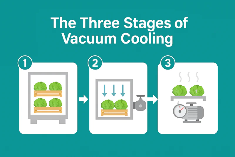 A simple animation or diagram showing the three main stages: 1. Pallets of lettuce go into the chamber. 2. A vacuum pump icon pulls air out, and pressure gauge drops. 3. Blue
