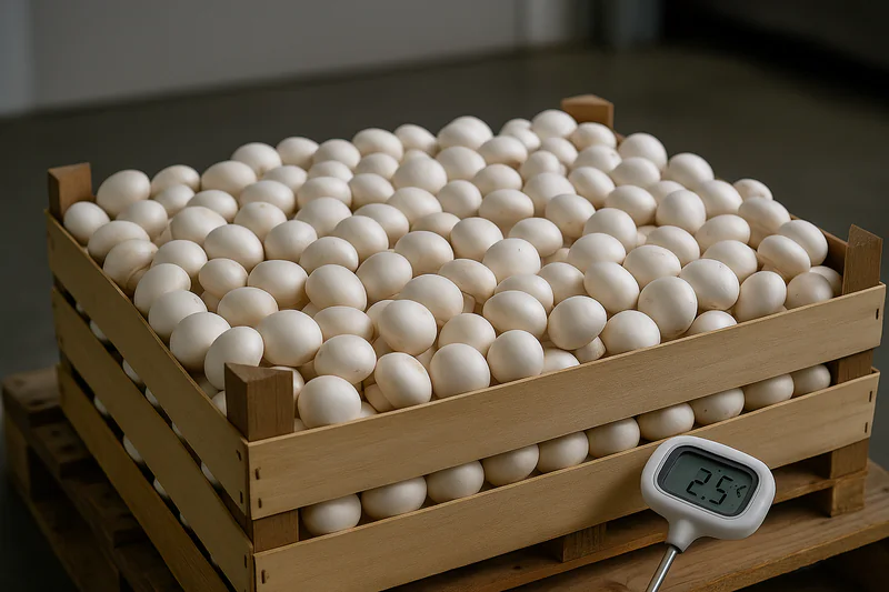 A pallet of pristine white button mushrooms, perfectly cooled and firm, ready for packaging.