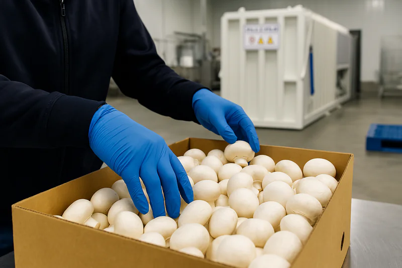 Perfectly white, firm button mushrooms being carefully packed after a gentle vacuum cooling cycle, showcasing their pristine quality.
