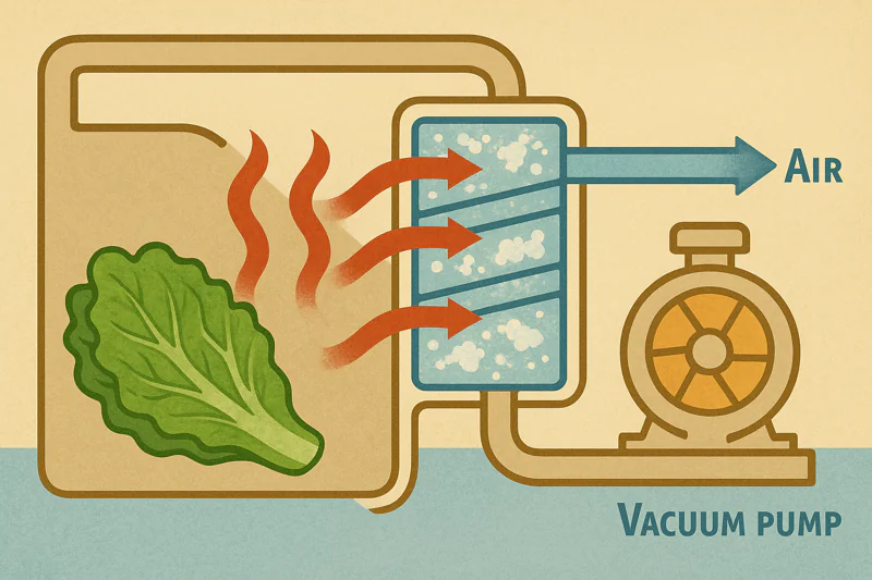 A cutaway view of the vacuum cooler showing the path of the water vapor. Arrows show it moving from the chamber, hitting a large coil covered in ice, and then clean air exiting through the vacuum pump.