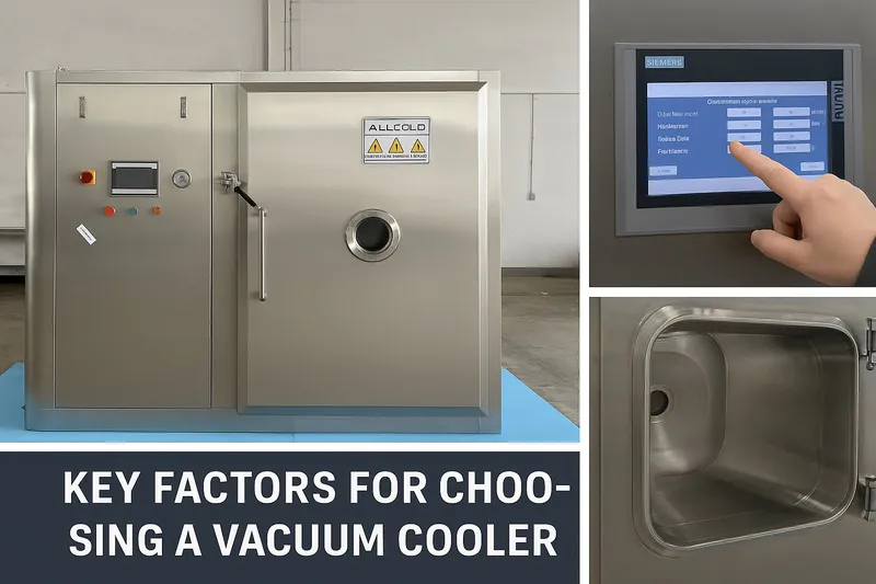 A collage showing a high-quality vacuum cooler, a close-up of a stainless steel chamber, and a user operating a modern touch screen control panel.