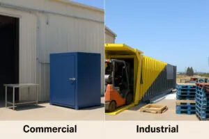 A side-by-side comparison image: on the left, a smaller 2-pallet vacuum cooler next to a packing table (Commercial); on the right, a large 8-pallet vacuum cooler with a forklift loading it in a large processing facility (Industrial)