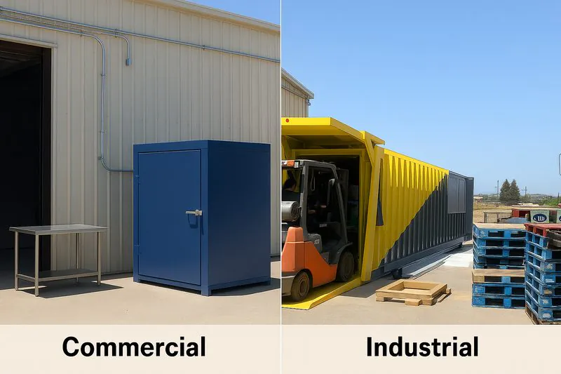 A side-by-side comparison image: on the left, a smaller 2-pallet vacuum cooler next to a packing table (Commercial); on the right, a large 8-pallet vacuum cooler with a forklift loading it in a large processing facility (Industrial)