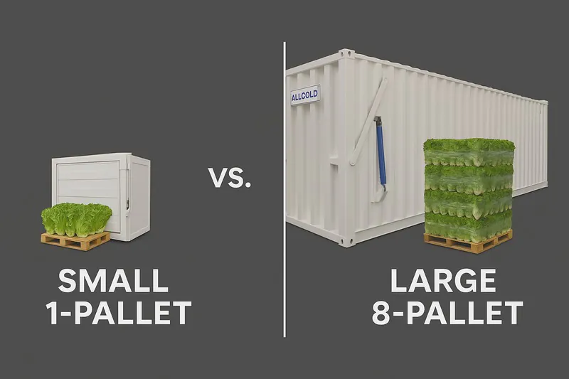 An image showing a small 1-pallet vacuum cooler side-by-side with a large 8-pallet vacuum cooler, illustrating the difference in scale.