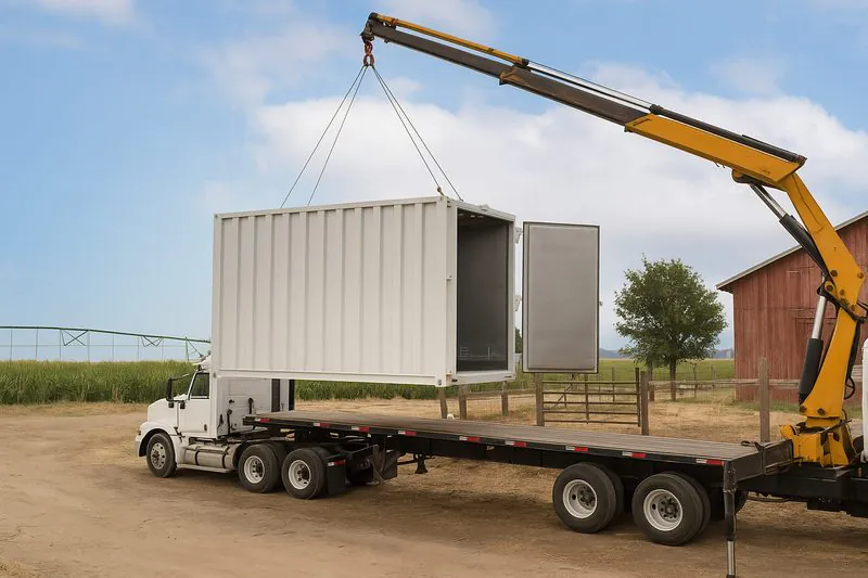 A photo of a vacuum cooler being carefully lifted off a flatbed truck by a crane at a farm, illustrating the final steps of delivery.