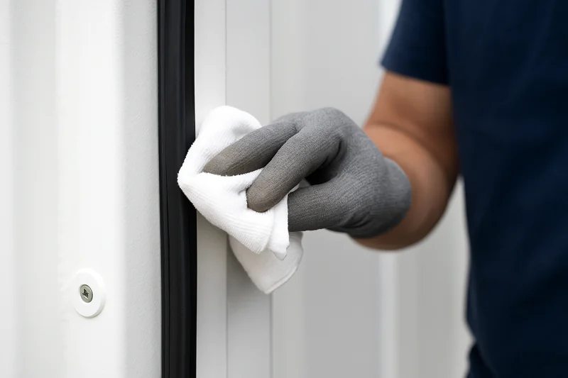 A close-up shot showing a worker's hand wiping a vacuum cooler's main door gasket with a clean cloth.
