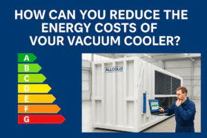 ALLCOLD vacuum cooler in an industrial facility with energy efficiency rating scale and text highlighting how to reduce energy costs, showing modern design and sustainable operation.