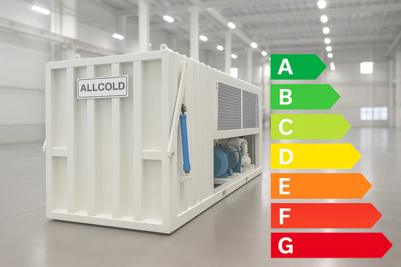 A clean, modern ALLCOLD vacuum cooler operating in a spacious, well-lit facility, with an energy efficiency graph overlay.