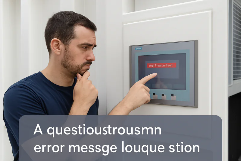 A machine operator pointing to an error message on a vacuum cooler's HMI screen, with a thoughtful expression.