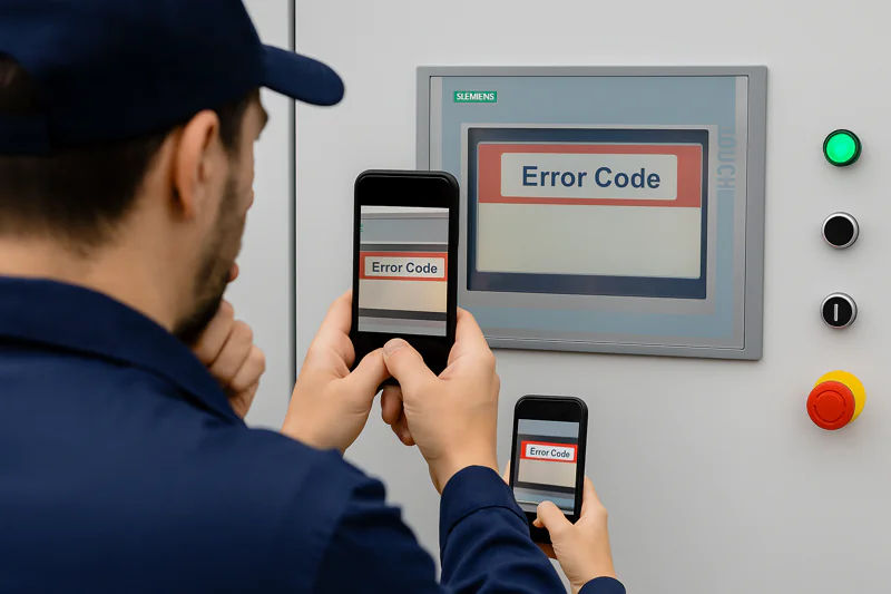 An operator is taking a photo of the error code on the HMI screen with their smartphone before taking any other action.