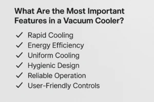 Infographic showing the key features of an ALLCOLD vacuum cooler, including SUS304 stainless steel chamber, Leybold vacuum pump, Bitzer compressor, Siemens PLC touch screen, and heavy-duty refrigeration system. Clean industrial background with clear labels