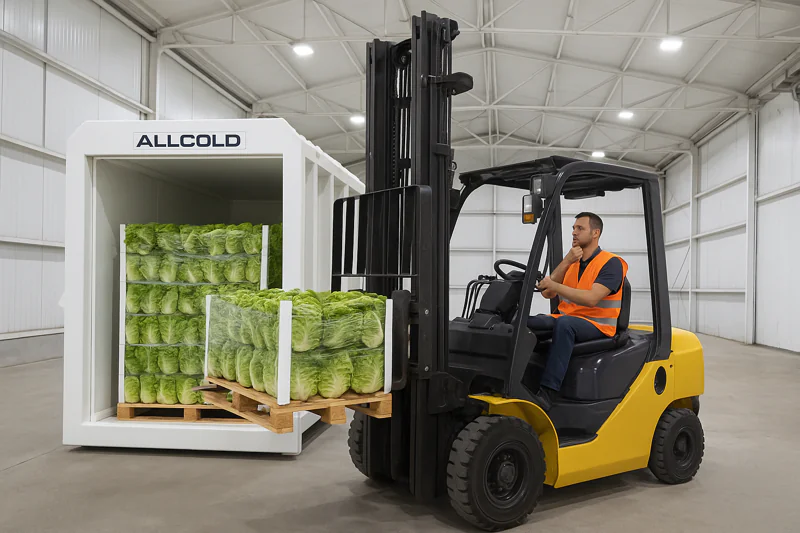 A forklift loading a second pallet of fresh lettuce perfectly into a two-pallet vacuum cooler, maximizing the chamber space.