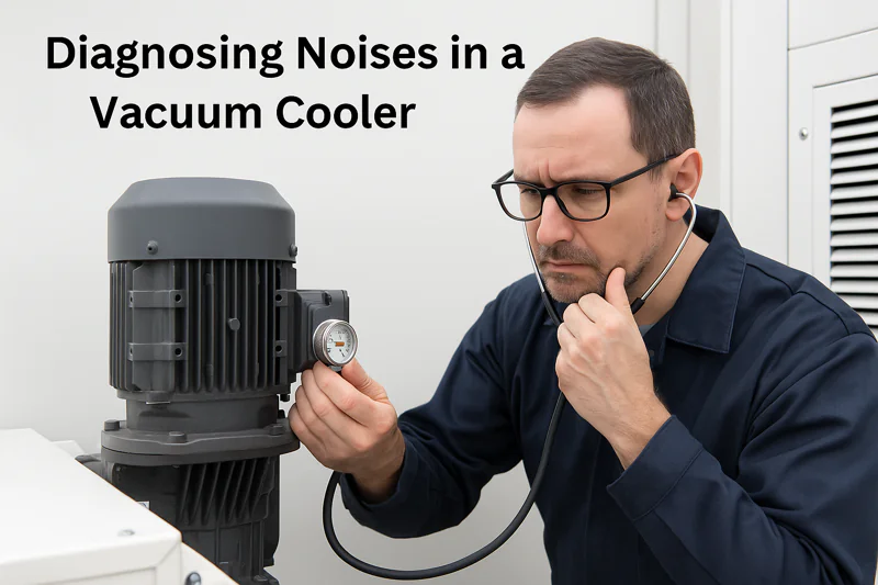 An engineer is carefully listening to a motor on the vacuum cooler, using a mechanic's stethoscope to pinpoint the source of a noise.