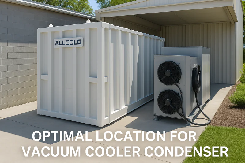 A perfectly installed vacuum cooler with its condenser unit placed in a shaded, outdoor area with plenty of open space for airflow.