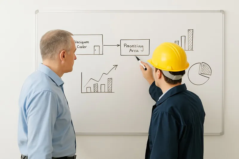 A manager and an engineer standing in front of a whiteboard, sketching out a facility layout and analyzing production data.
