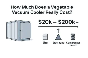 Vegetable vacuum cooler price range infographic showing $20k to $200k+, with illustrated cost factors including size, steel type, and compressor brand. Clean and professional layout highlighting equipment pricing for commercial farms and produce processors
