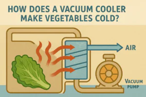 Step-by-step infographic showing how a vacuum cooler makes vegetables cold — fresh produce inside the vacuum chamber, pressure drop, evaporation, heat removal, cold trap coil freezing vapor into ice, and cool air remaining
