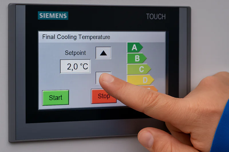 A close-up of a Siemens HMI screen showing an operator adjusting the final cooling temperature setpoint from 2.0°C to an optimal 3.0°C.