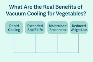An infographic illustrating the key benefits of vacuum cooling for vegetables. It highlights four advantages: rapid cooling time, extended shelf life, preserved freshness, and reduced spoilage. The design uses clean icons, green and blue tones, and a modern horizontal layout.”