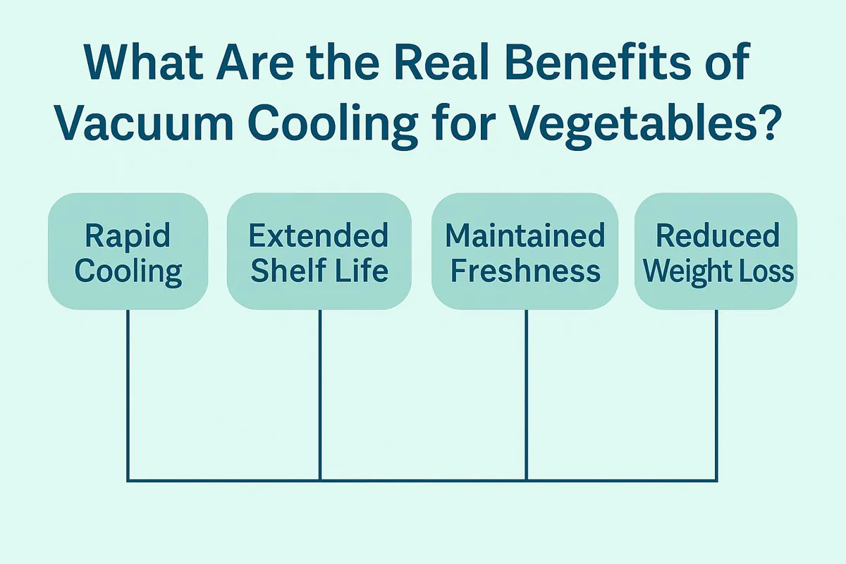An infographic illustrating the key benefits of vacuum cooling for vegetables. It highlights four advantages: rapid cooling time, extended shelf life, preserved freshness, and reduced spoilage. The design uses clean icons, green and blue tones, and a modern horizontal layout.”