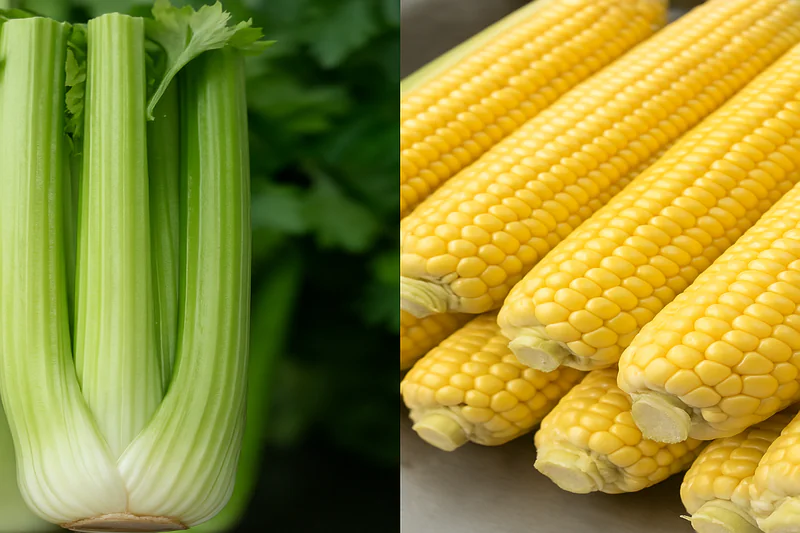Side-by-side images of crisp celery stalks and perfectly cooled sweet corn on the cob, showcasing their freshness.