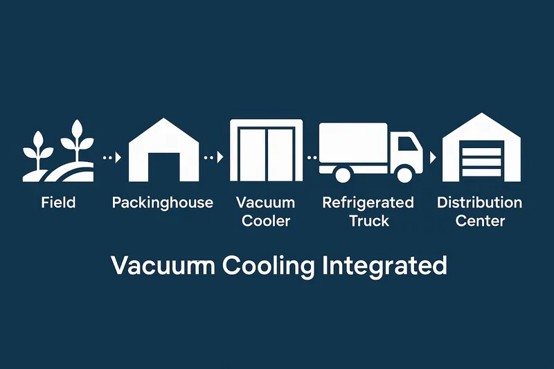 A diagram showing the flow: Field -> Packinghouse -> Vacuum Cooler -> Refrigerated Truck -> Distribution Center.”><figcaption>Vacuum Cooling Integrated Logistics Flow</figcaption></figure></p><h3>From Chaos to Clockwork</h3><p>This is where we move from a piece of equipment to a full operational strategy. A well-integrated vacuum cooler brings predictability to what is often a chaotic process. I’ve seen it firsthand. Before vacuum cooling, a farm manager has to guess how many refrigerated trucks they’ll need and when. They harvest and then wait, hoping the cold room catches up. With a <a href=