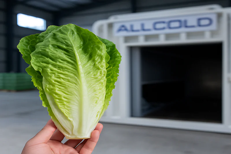A beautiful, crisp head of romaine lettuce, glistening with freshness, being held up in a modern packing facility with a vacuum cooler in the background.