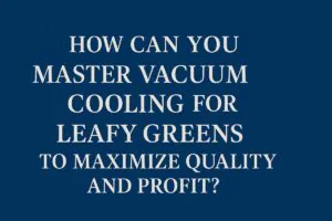 A bold, professional graphic with the question ‘How Can You Master Vacuum Cooling for Leafy Greens to Maximize Quality and Profit?’ displayed in white text on a deep blue background. The clean and modern design highlights vacuum cooling technology and its impact on leafy greens freshness and profitability