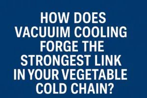 A bold, clean marketing banner with the question ‘How Does Vacuum Cooling Forge the Strongest Link in Your Vegetable Cold Chain?’ in large white capital letters on a deep blue background. The modern and professional layout emphasizes the strength and importance of vacuum cooling technology in post-harvest logistics