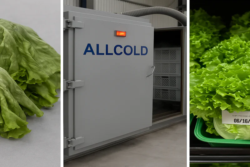 A compelling triptych of images. Left: Wilted lettuce. Center: An ALLCOLD vacuum cooler in action. Right: Fresh, crisp lettuce on a supermarket shelf with a long expiration date.