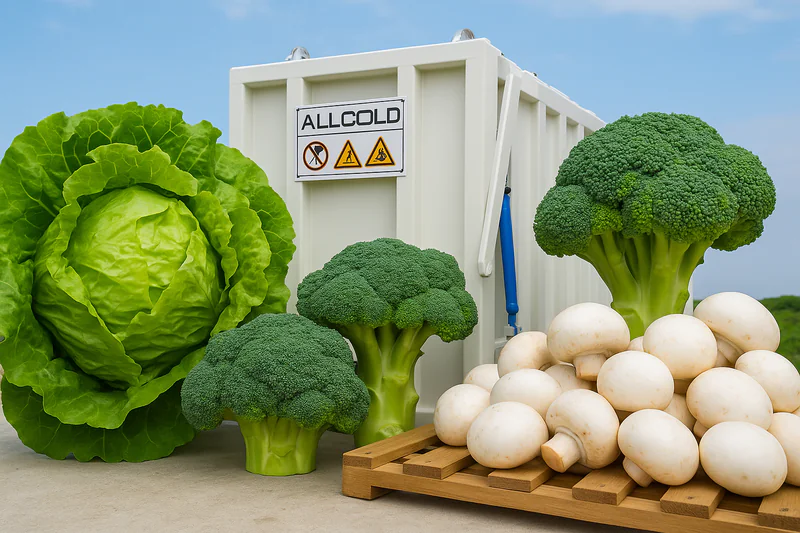A vibrant assortment of ideal vacuum cooling vegetables like lettuce, broccoli, and mushrooms arranged around an ALLCOLD vacuum cooler.
